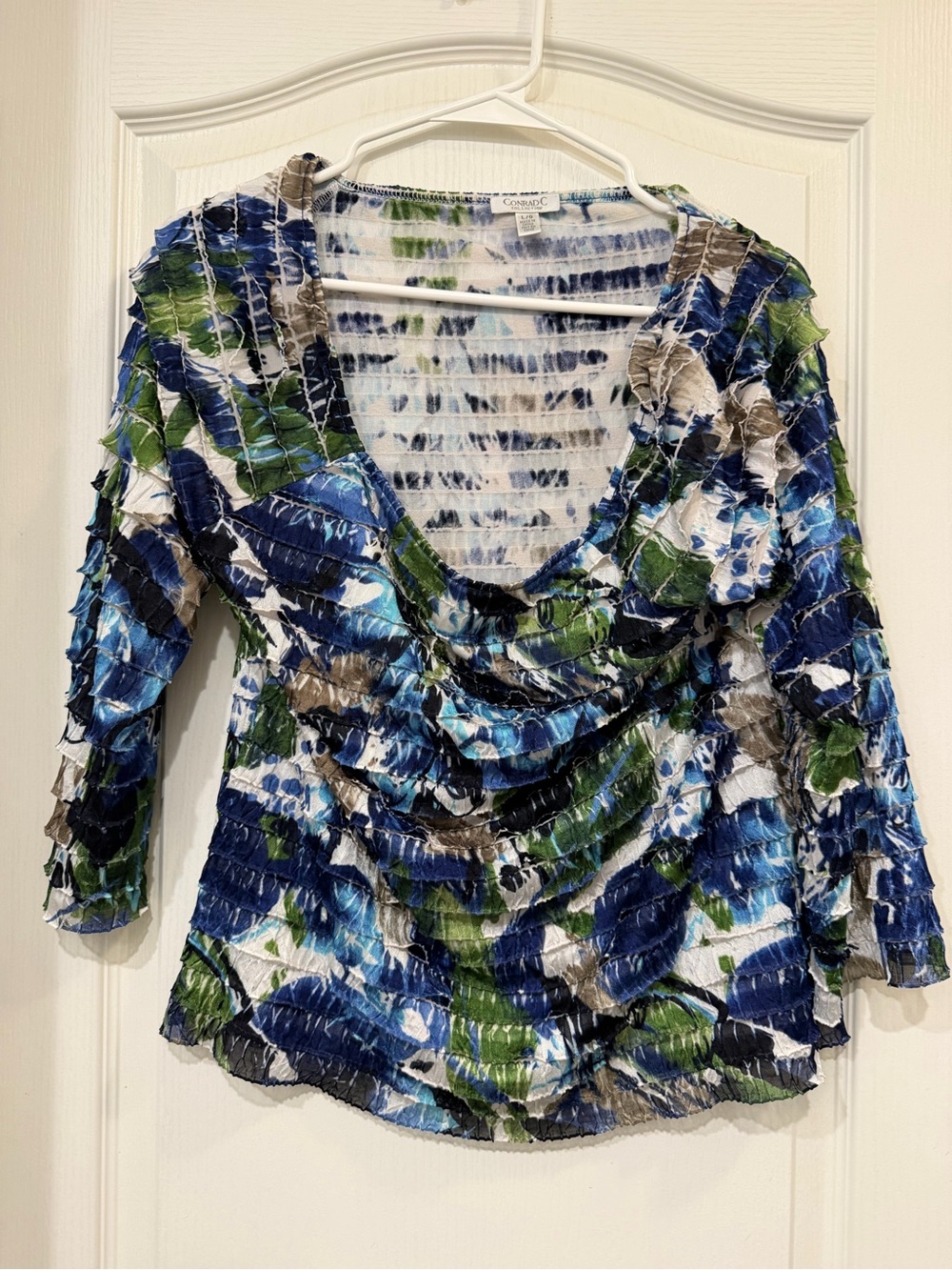 Conrad C Collection Ruffle Cowl Neck Floral Top Blue Green Women’s L